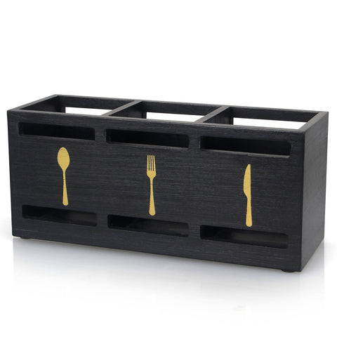 Ayiaren wooden silverware holder on countertop with three compartments for organized service