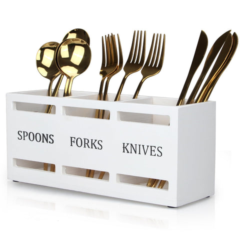 Ayiaren wooden silverware holder with 3 compartments keeps cutlery organized and easy to reach.