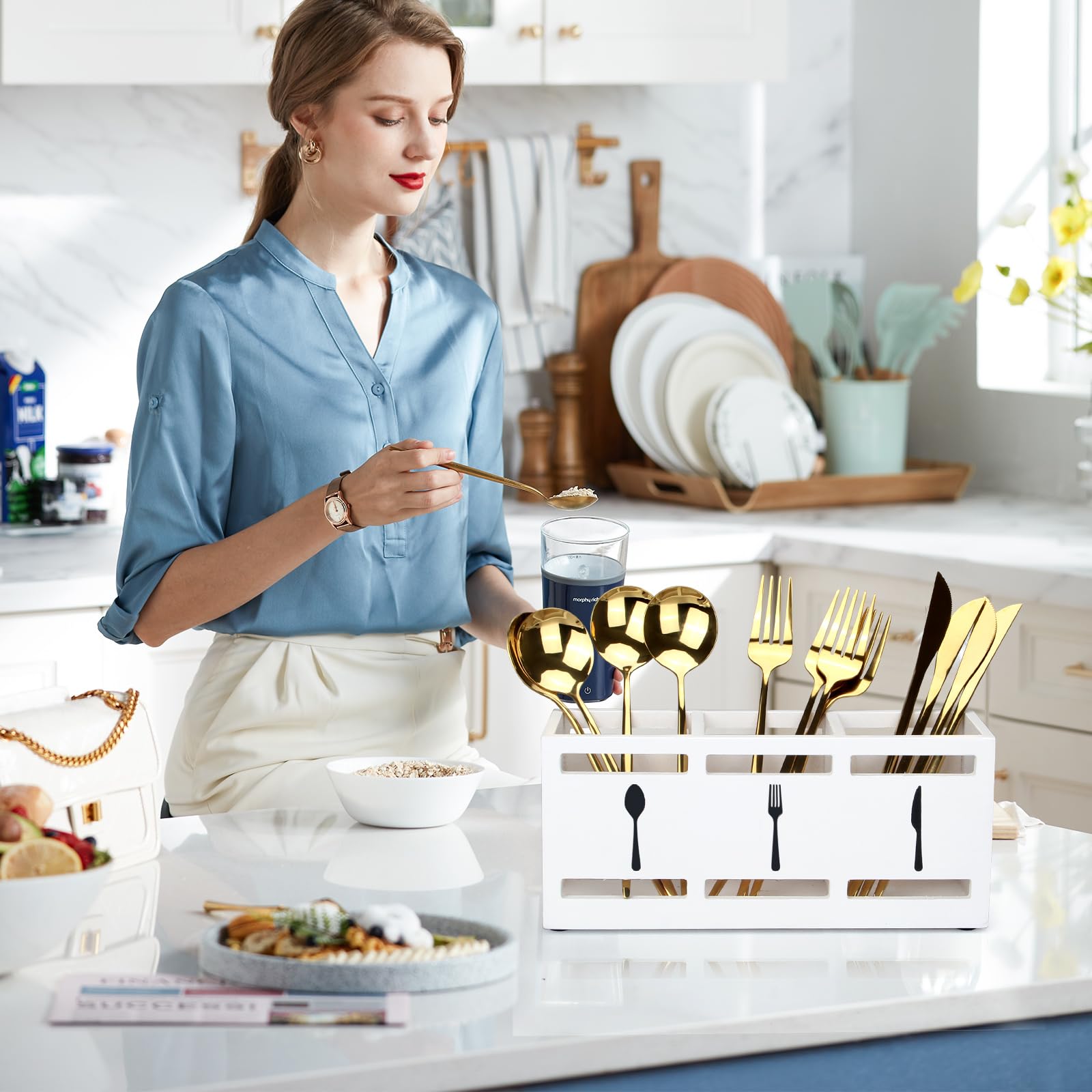 Ayiaren wooden silverware holder front view shows three labeled cutouts for spoons, forks, and knives.