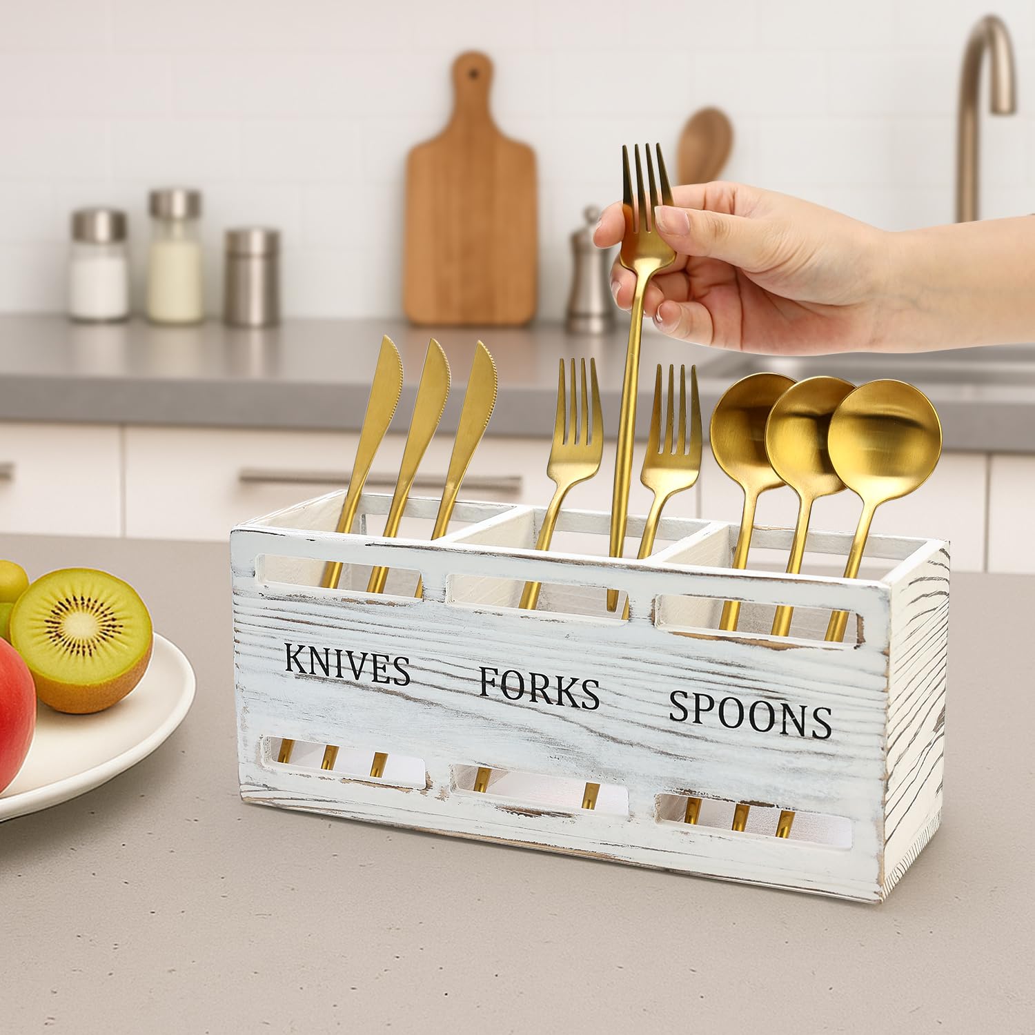 Ayiaren wooden silverware holder kitchen organizer highlighting the three-section design.