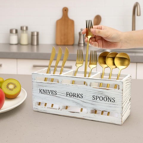 Ayiaren wooden silverware holder kitchen organizer highlighting the three-section design.