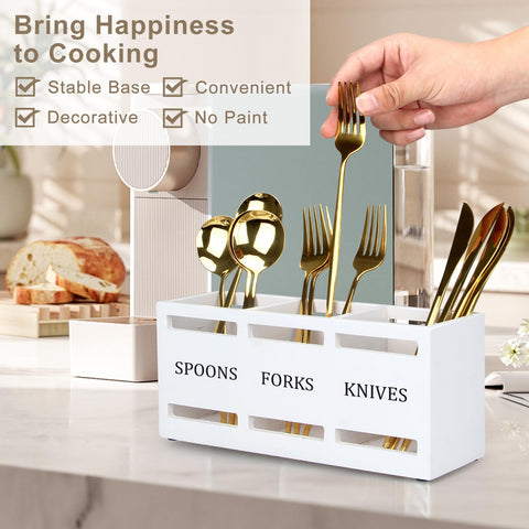 Ayiaren wooden silverware holder side view highlights its slim, space-saving design.