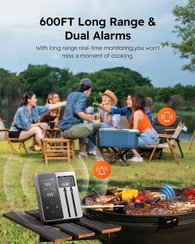 AYMDKI thermometer with 600ft Bluetooth range enables remote grilling.