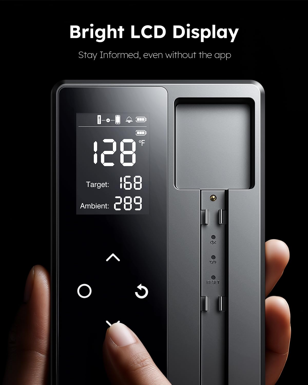 AYMDKI smart thermometer app dashboard highlights live temperatures and presets.