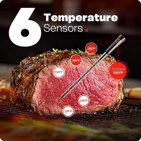 AYMDKI thermometer probe inserted into thick steak for precision cooking.