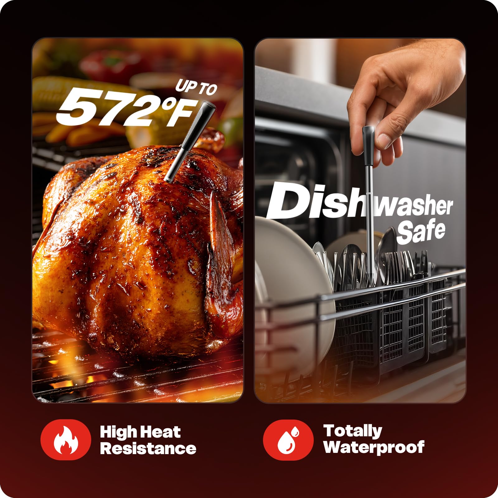 AYMDKI waterproof, dishwasher-safe probes simplify cleanup after cooking.