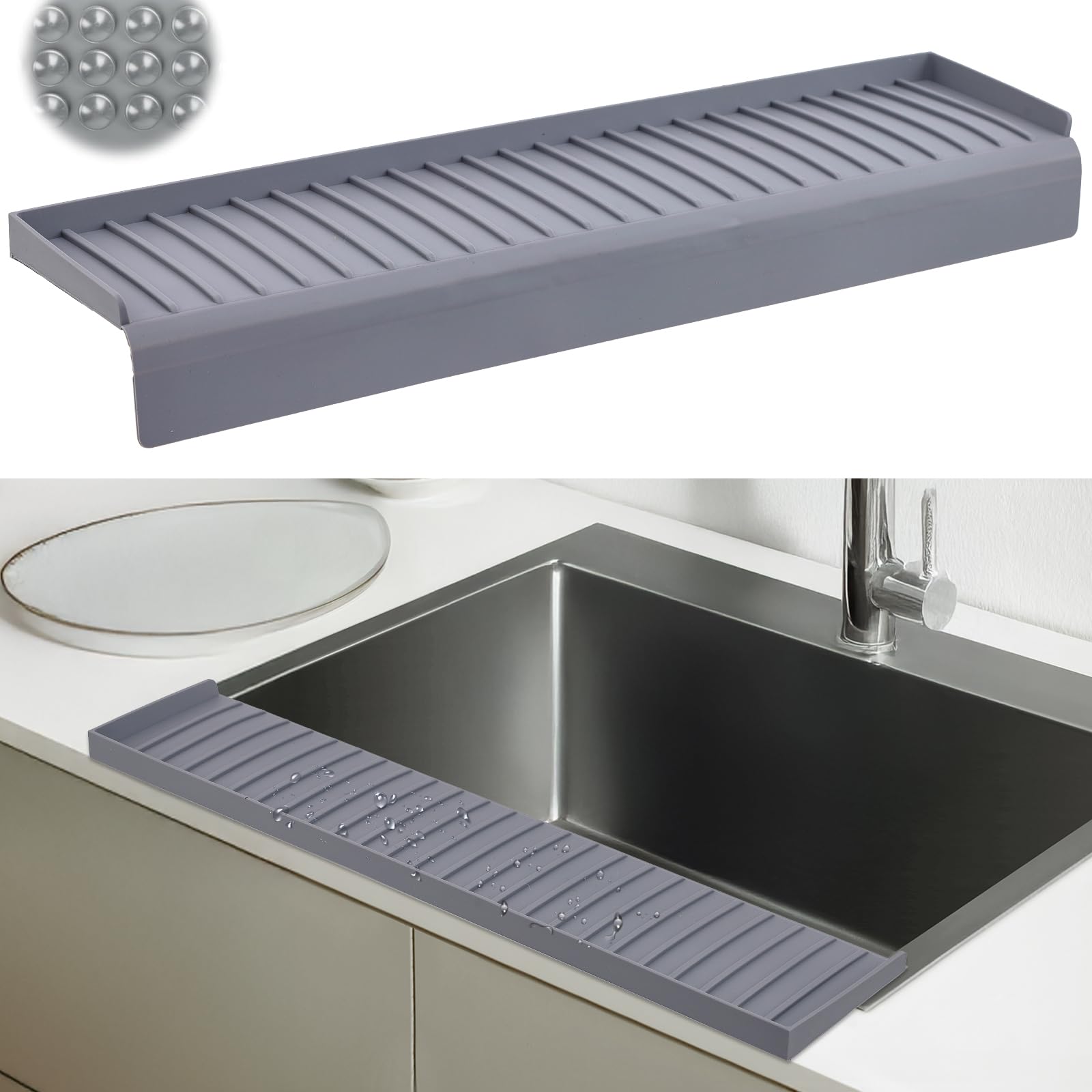 AyNirser sink edge protector with suction base keeps countertops dry.