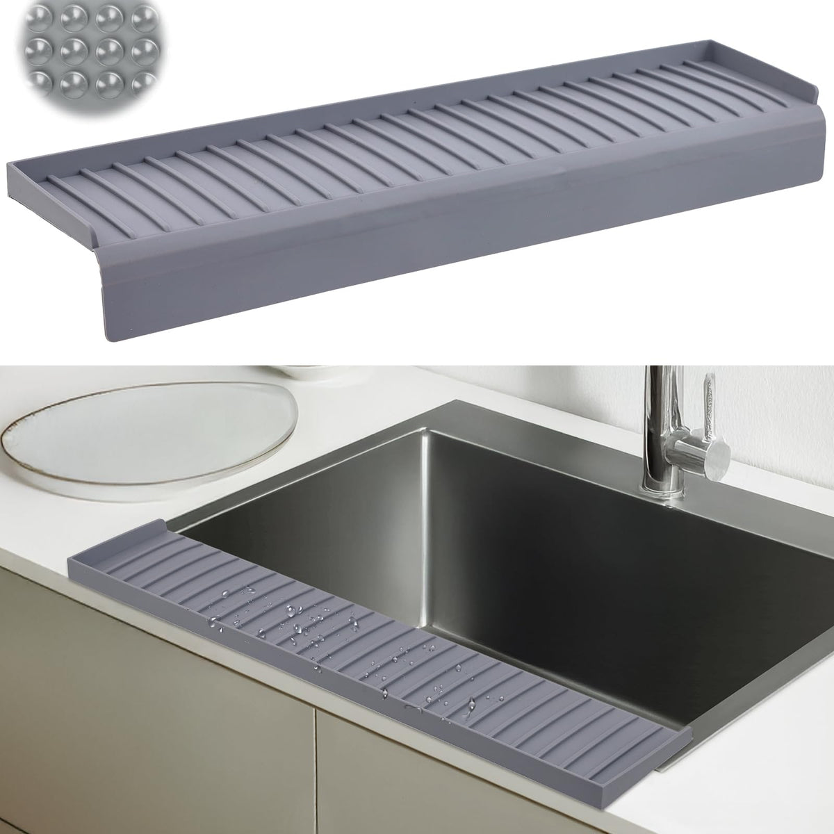 AyNirser sink edge protector with suction base keeps countertops dry.