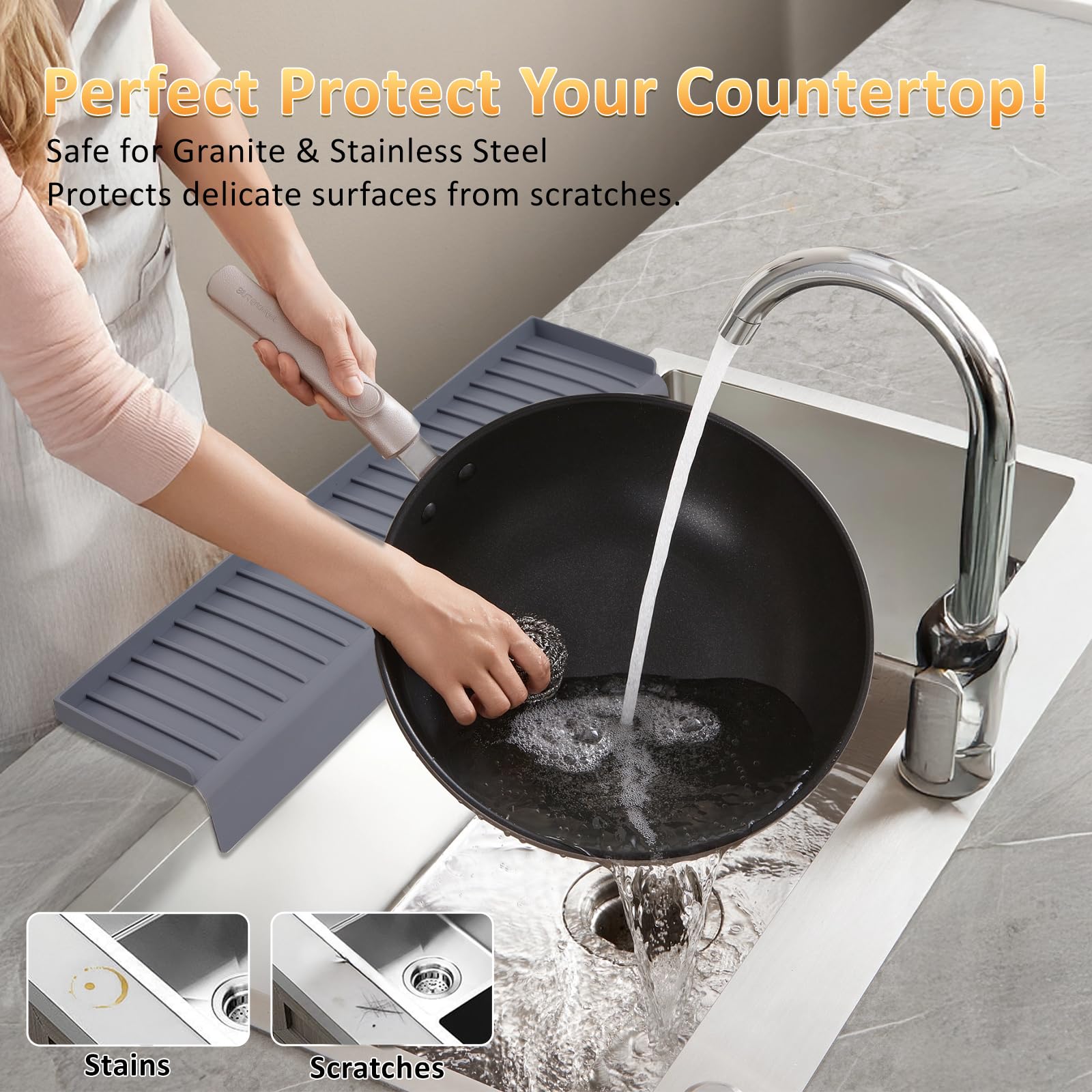 AyNirser splash guard with five-degree tilt directs water back to the sink.