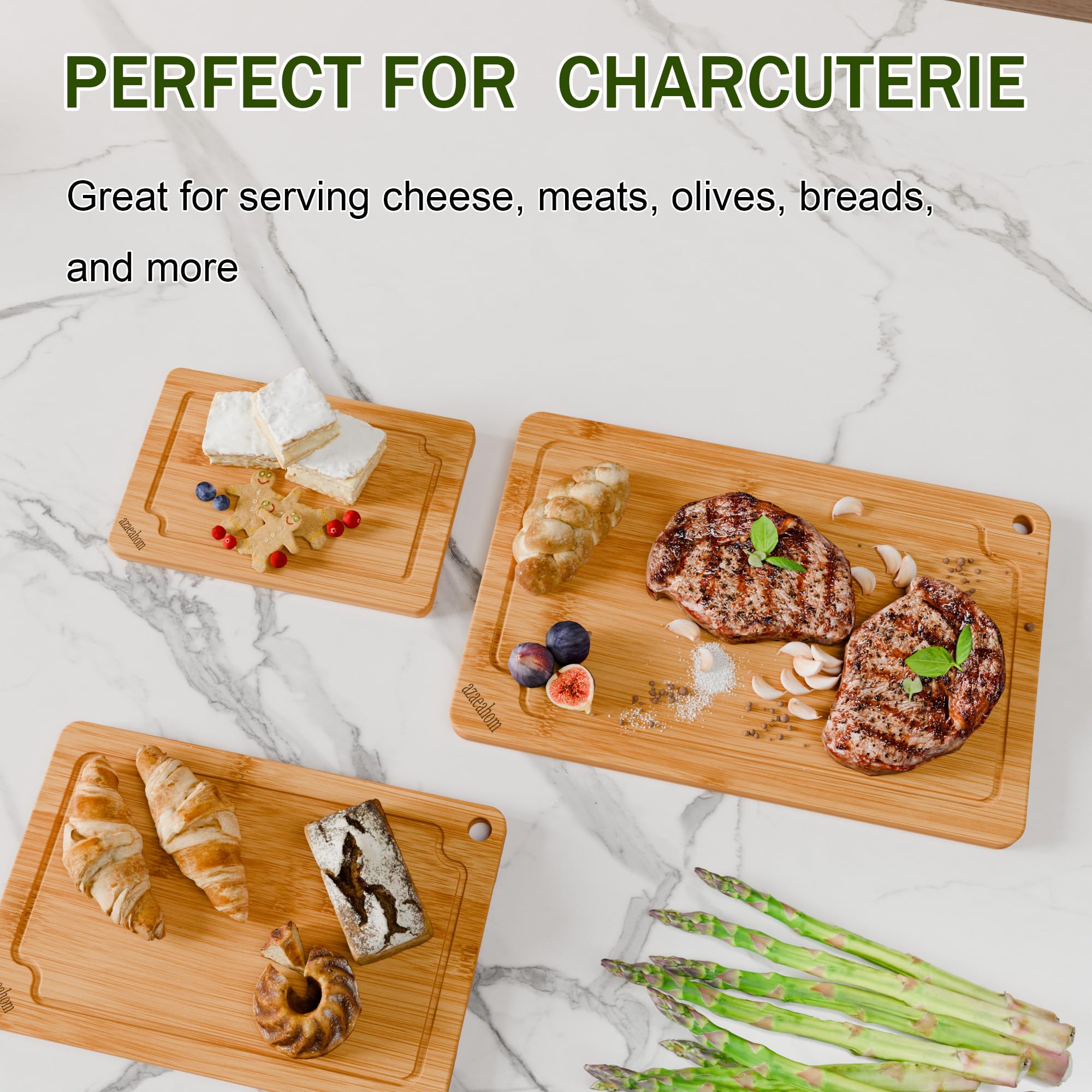 Azaeahom bamboo cutting board hanging hole for easy vertical storage.