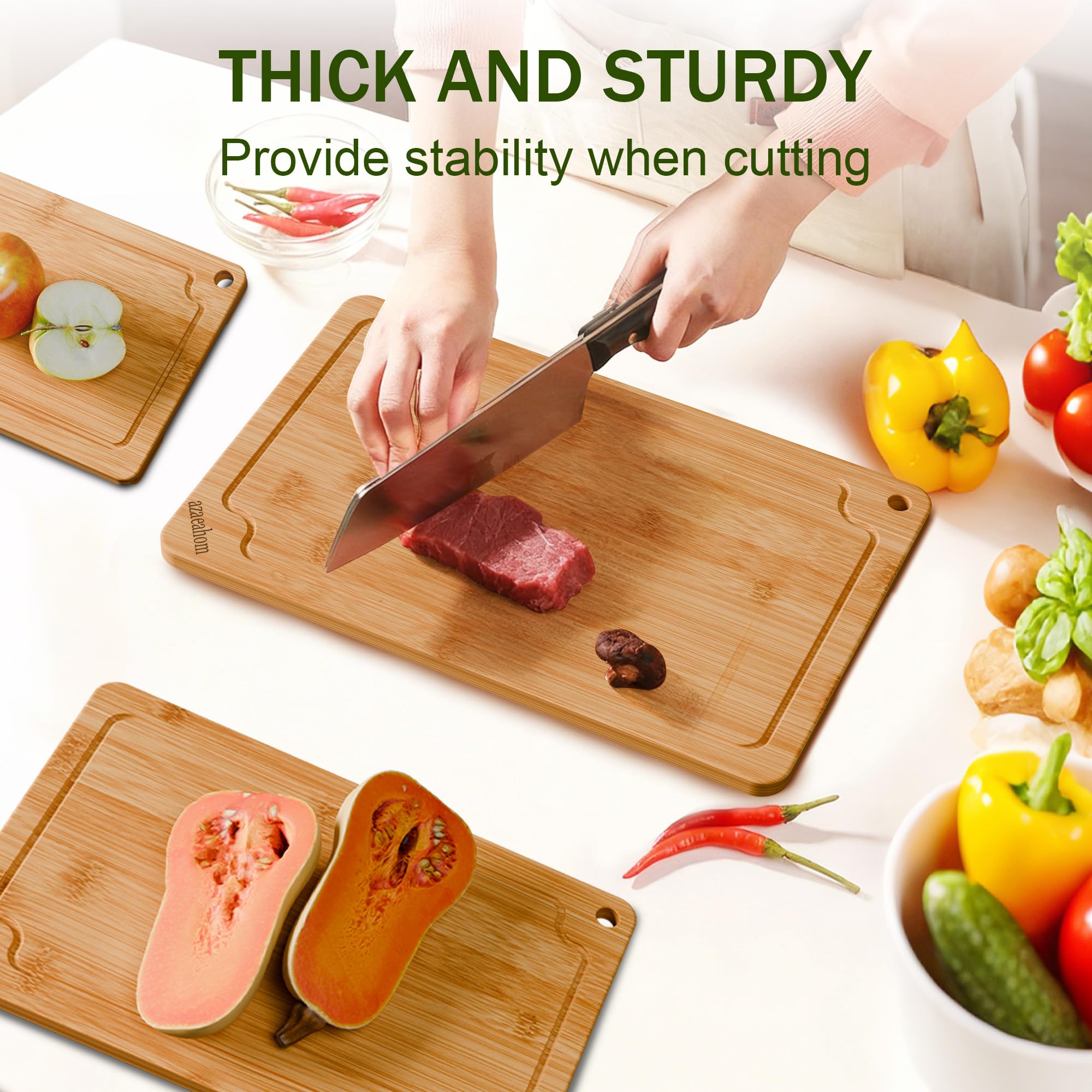 Azaeahom bamboo cutting board medium, side view, perfect for herbs and veggie preps.