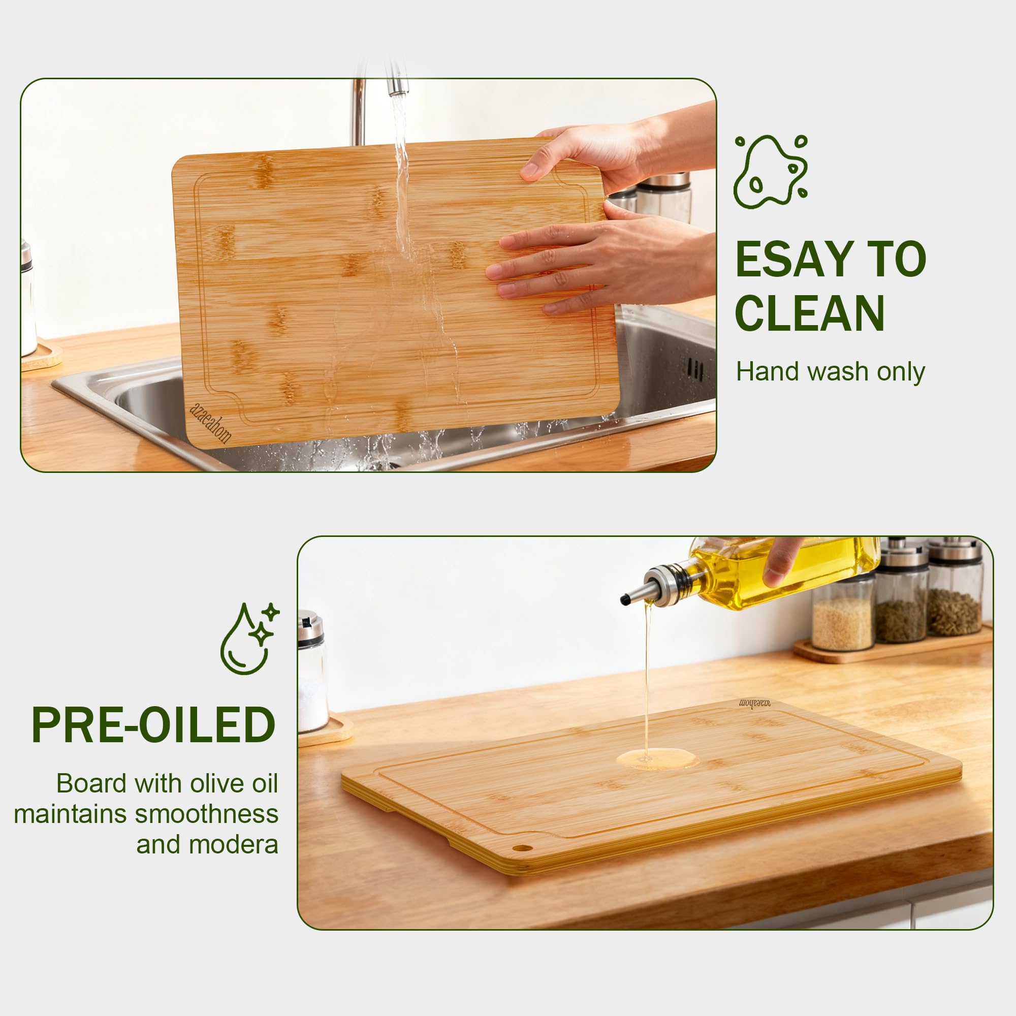 Azaeahom bamboo cutting board rounded corners, splinter-free and comfortable to glide.