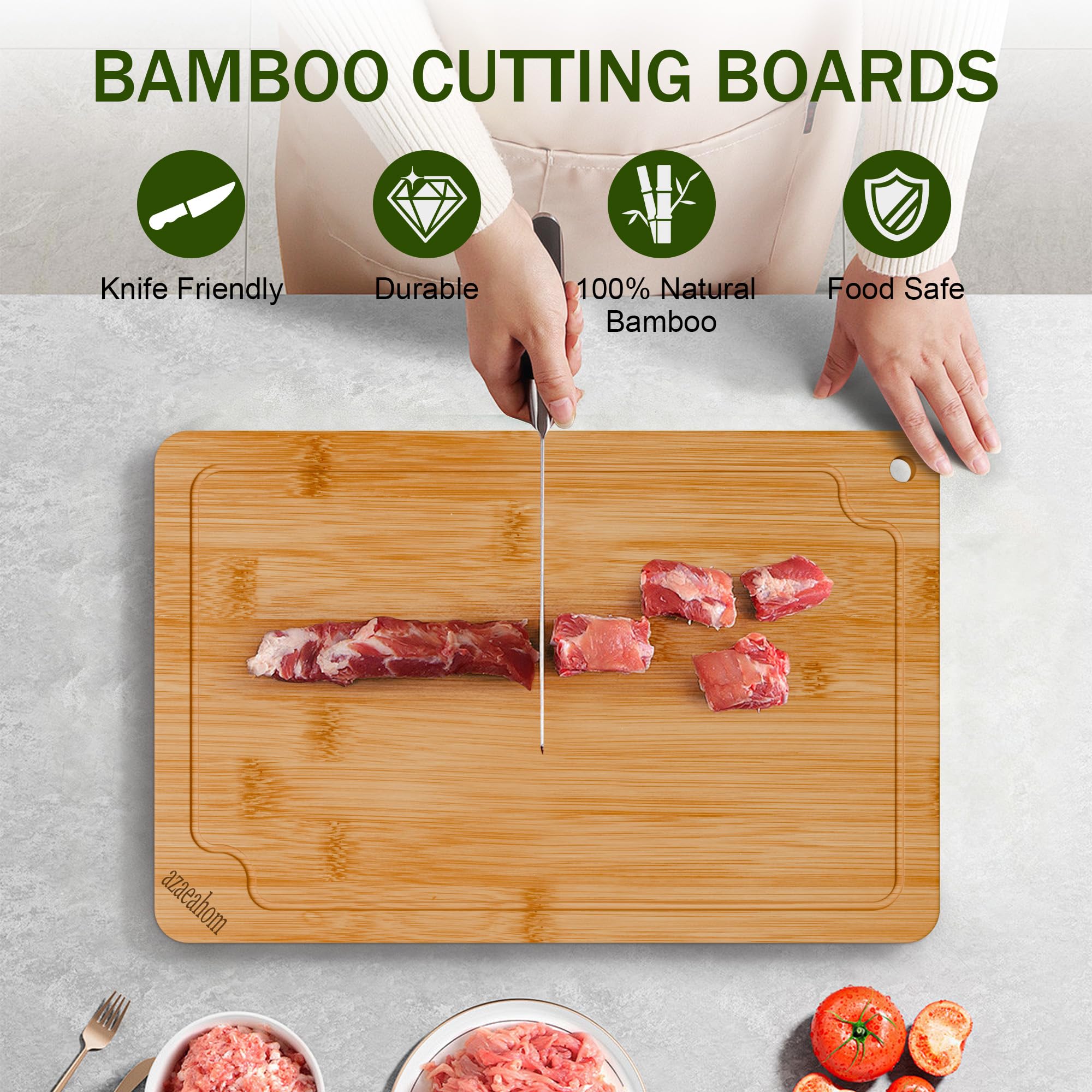 Azaeahom bamboo cutting board small, handle close-up, easy carry to sink or grill.