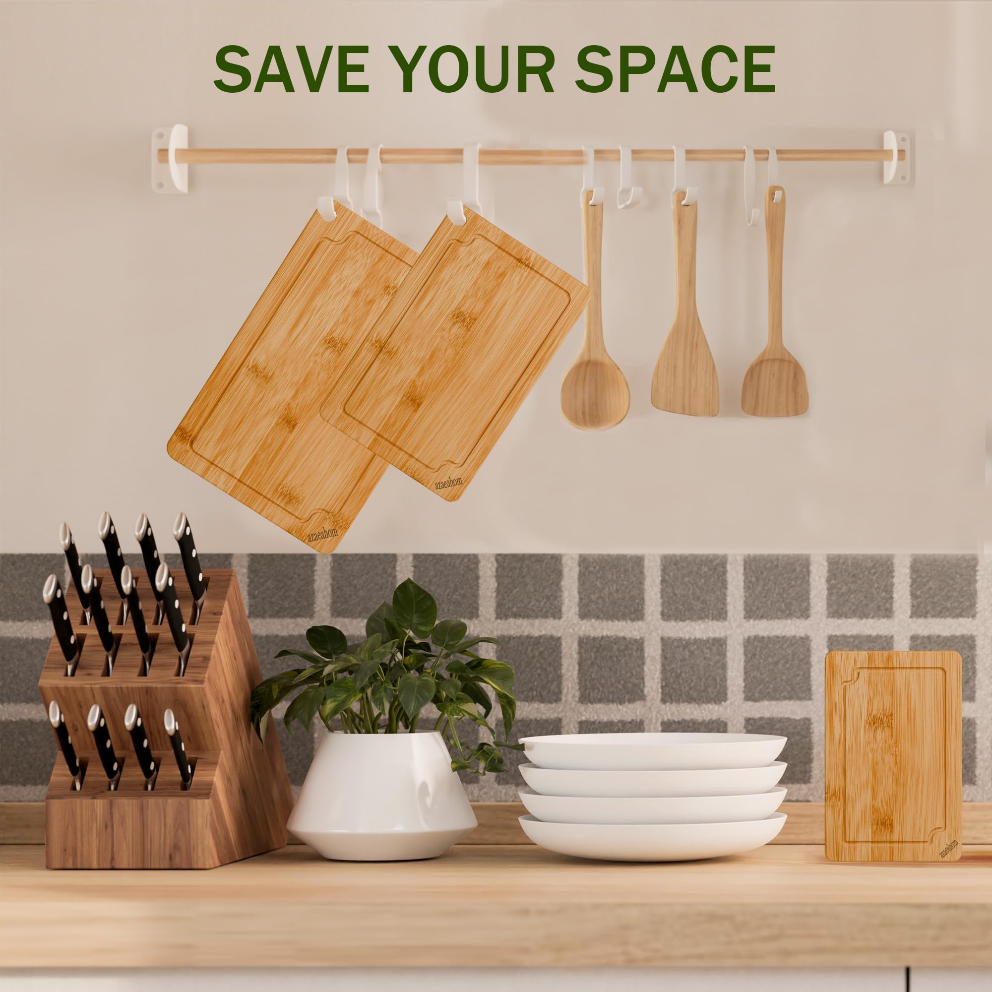 Azaeahom bamboo cutting board stackable design saves counter space.