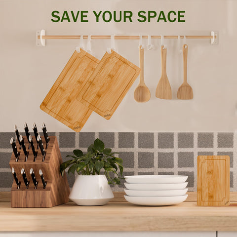 Azaeahom bamboo cutting board stackable design saves counter space.