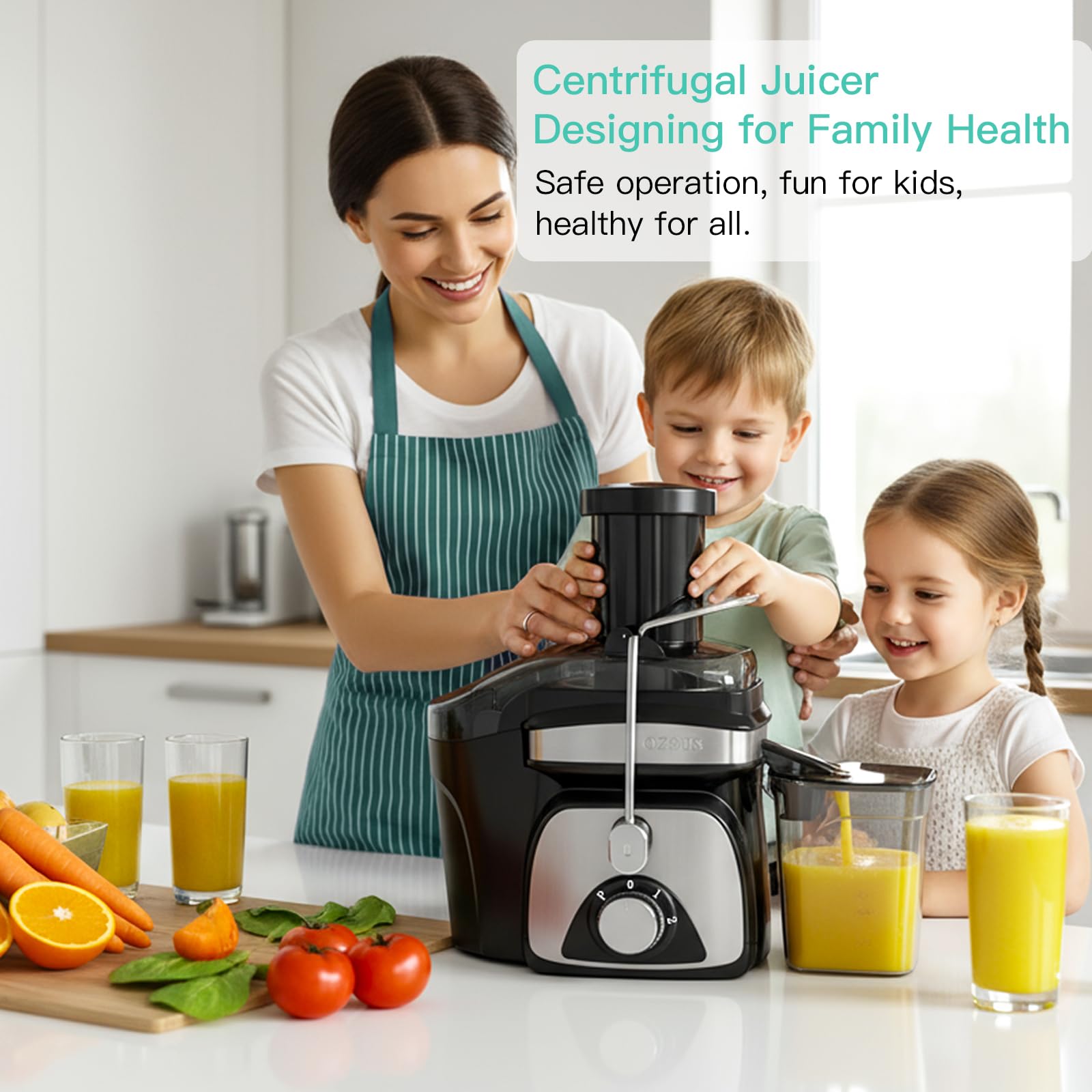 AZEUS juicer top view with controls for two-speed operation