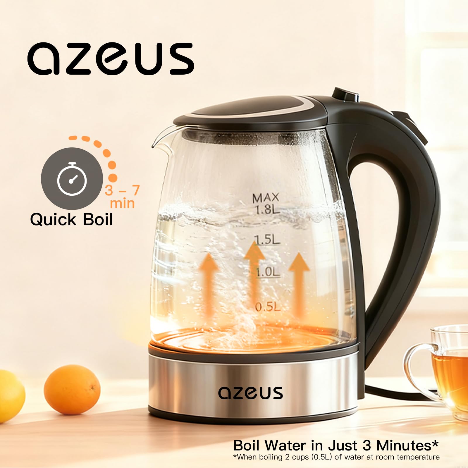 AZEUS kettle on 360° swivel base for flexible kitchen placement
