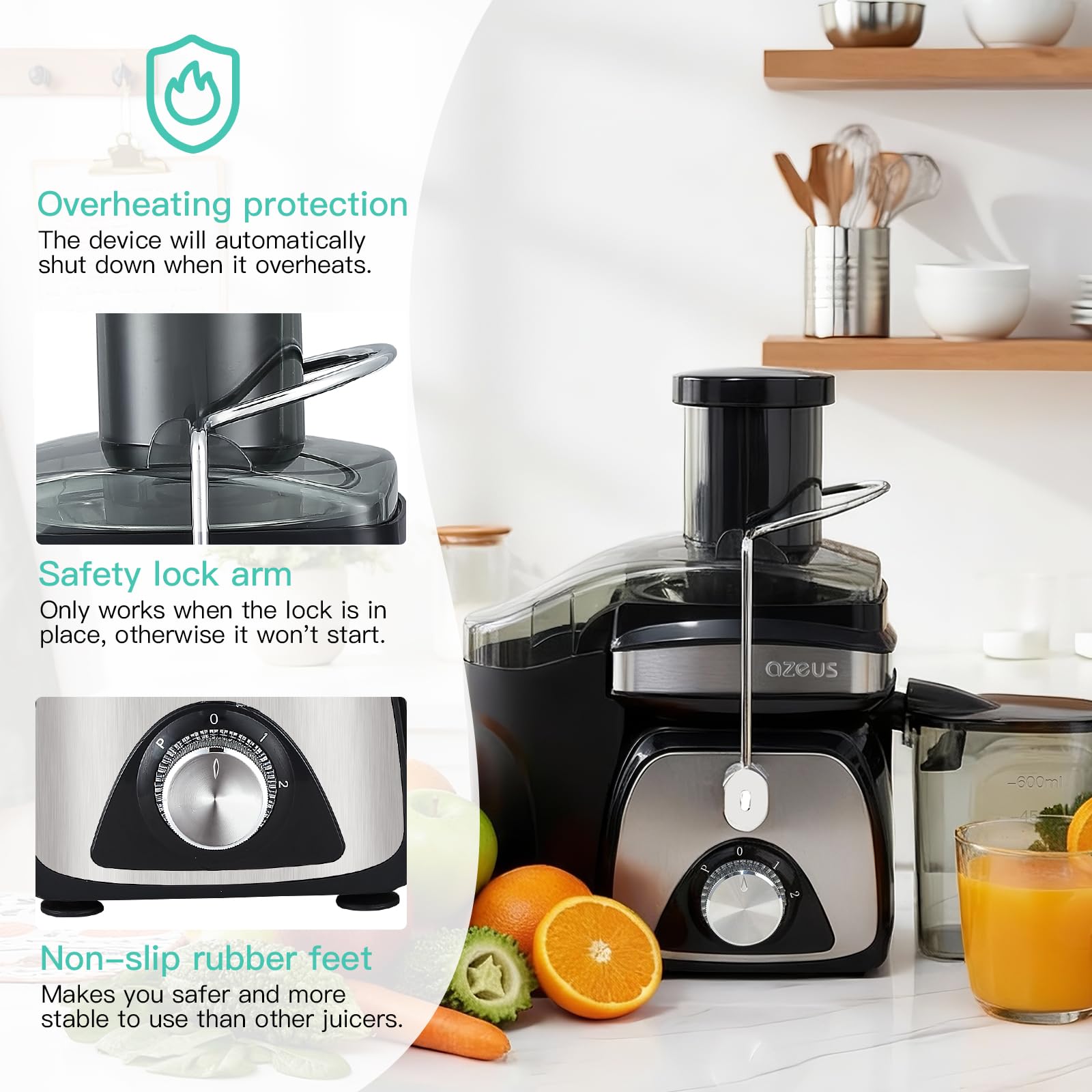 AZEUS non-slip feet provide stable juicing on countertops