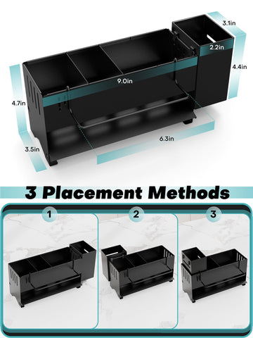 Extended drain board directs water back to sink efficiently.