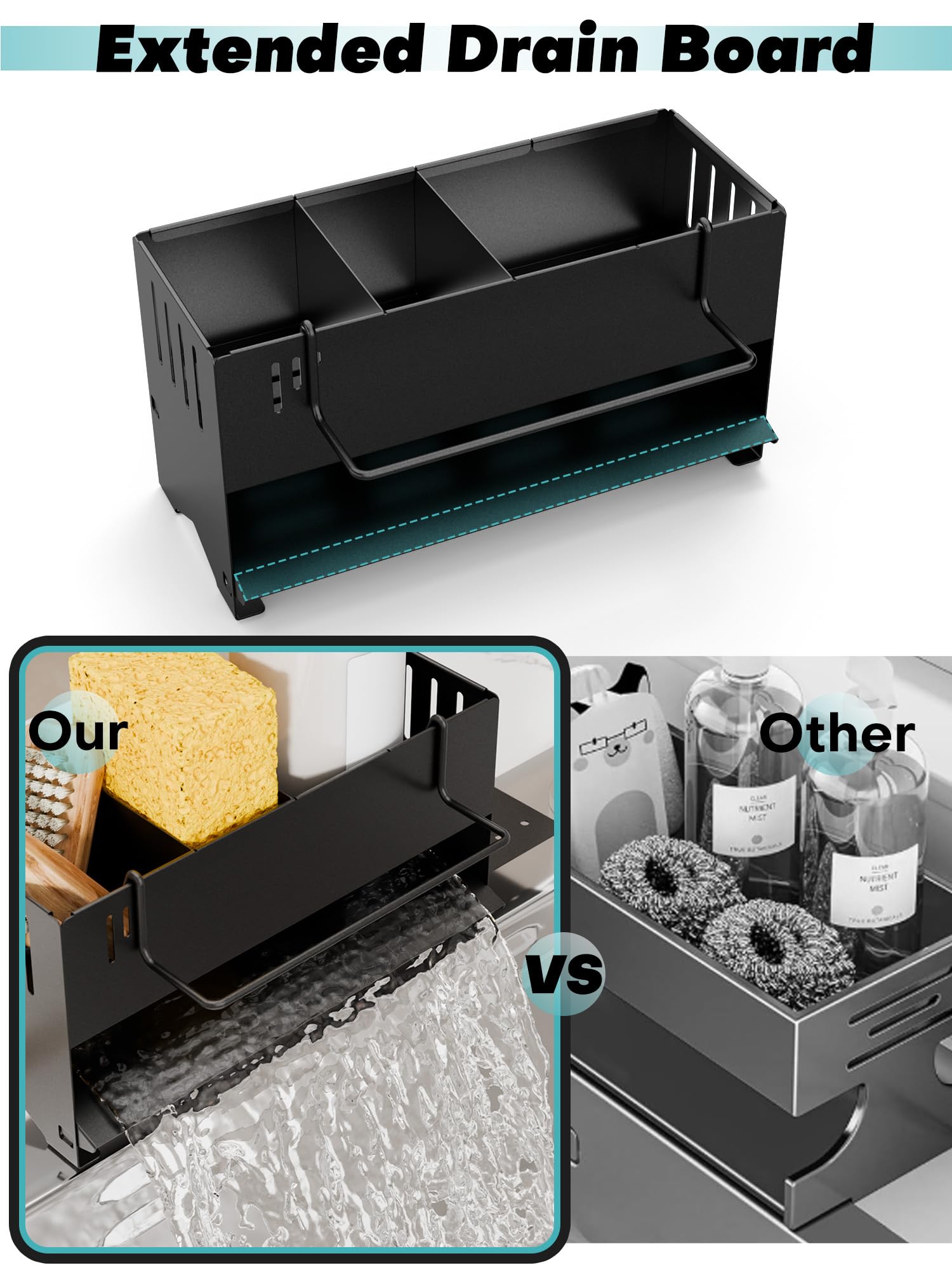 Non-slip pads stabilize the caddy on various counter surfaces.