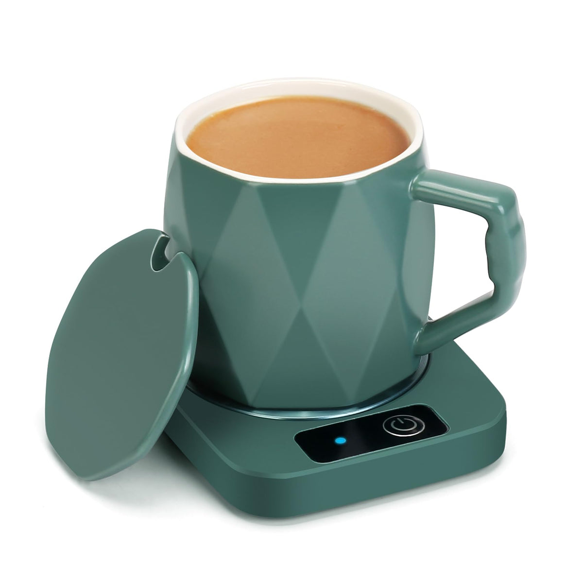 AZFUNN electric coffee warmer front view with ceramic mug keeps beverages warm.