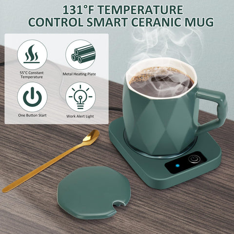 AZFUNN electric coffee warmer top view highlights mug and control button.