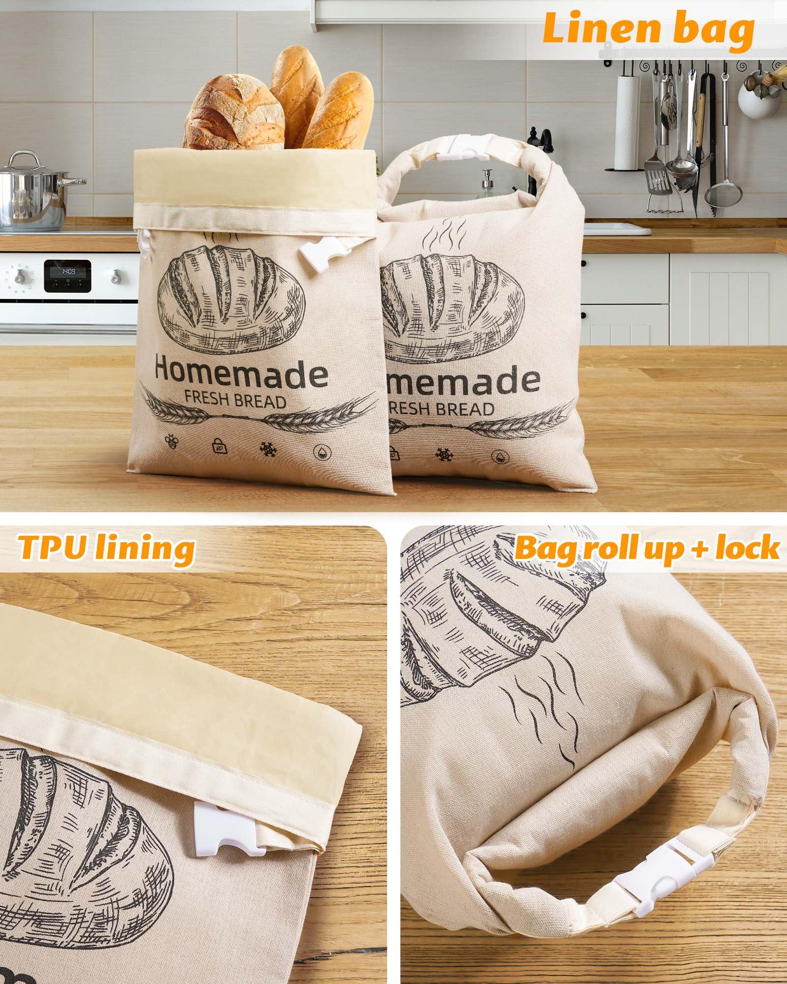 AZLTC beeswax bread bag folded in kitchen for compact storage.