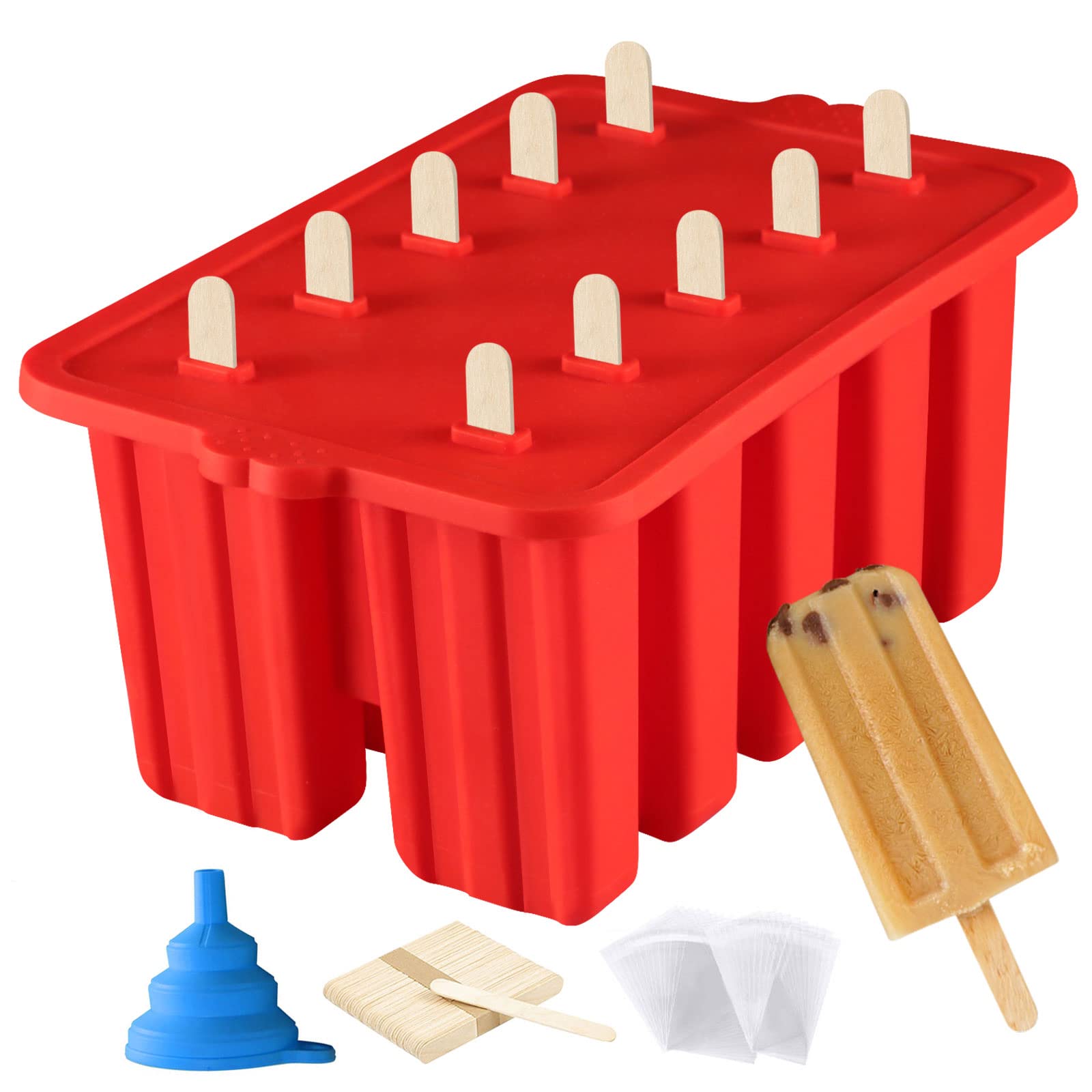 Azonbey silicone popsicle molds 10-cavity red cone with sticks for easy, colorful frozen treats