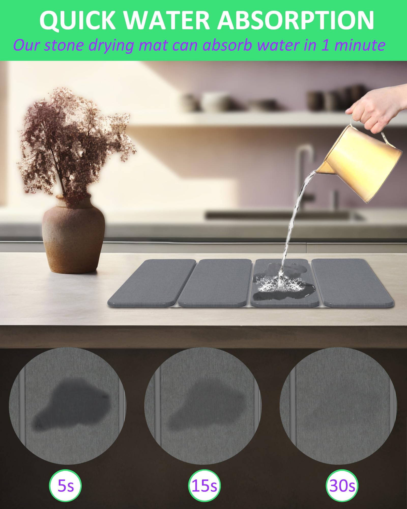 Azorteja foldable drying mat on a kitchen counter, offering compact storage and wide drying area.