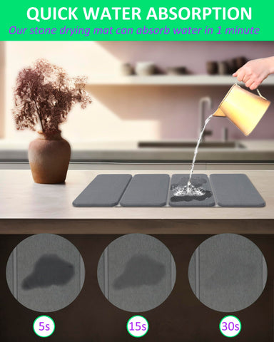 Azorteja foldable drying mat on a kitchen counter, offering compact storage and wide drying area.