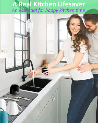 Azorteja stone drying mat with non-slip surface stays in place during busy dishwashing.