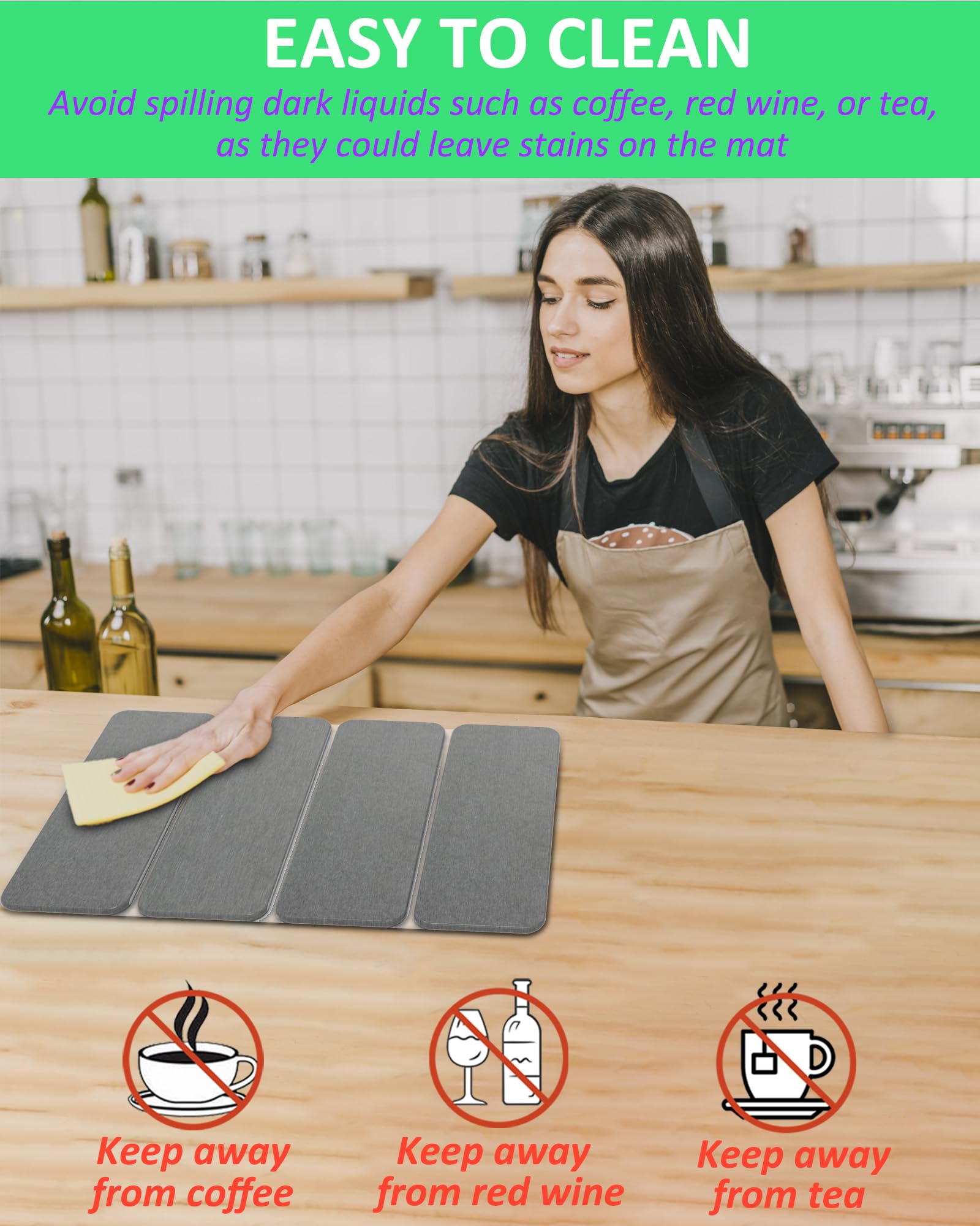 Azorteja self-drying mat keeps counters dry with minimal maintenance after use.
