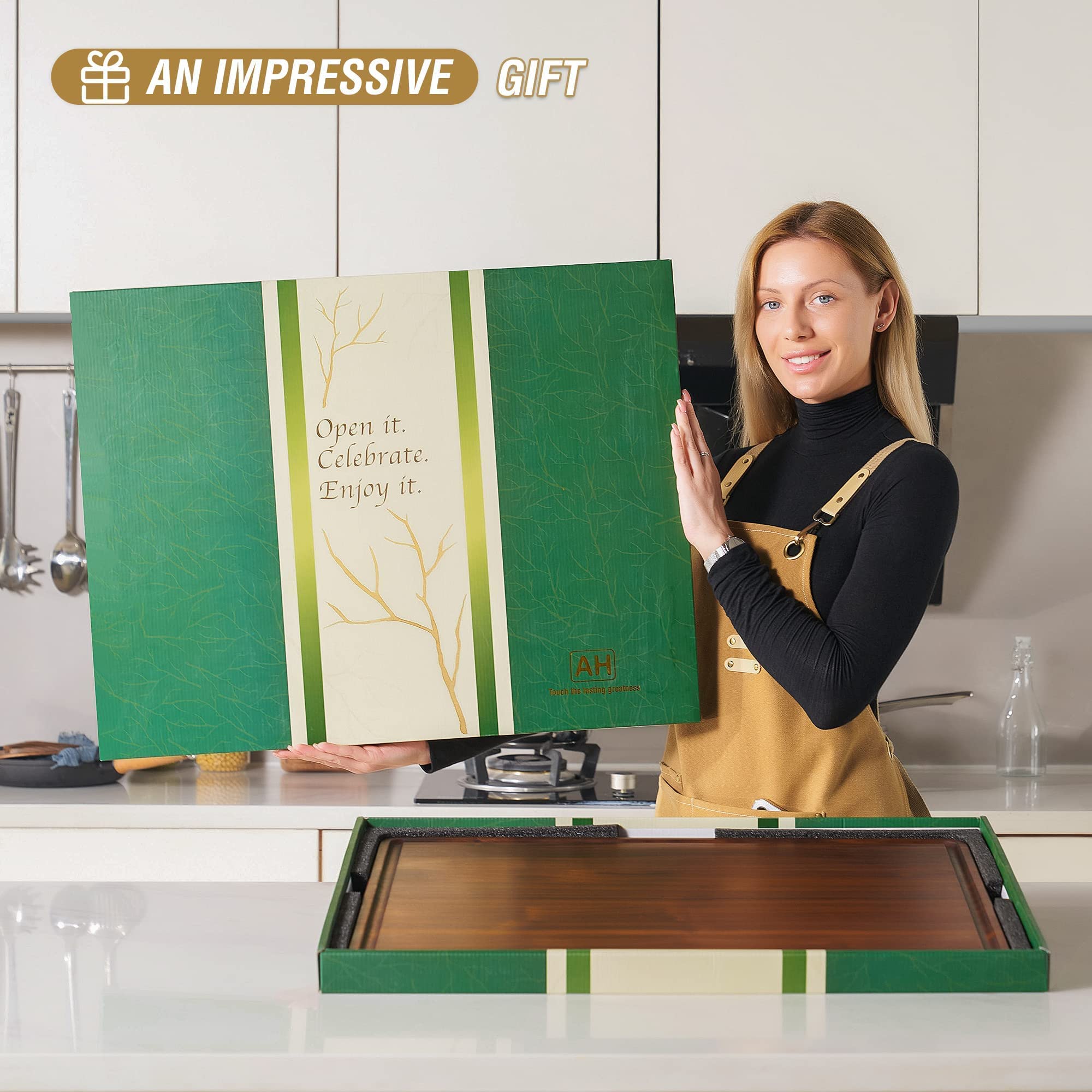 AZRHOM walnut cutting board with built-in handles for easy transport