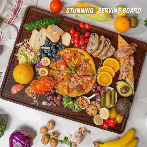 AZRHOM walnut cutting board with visible juice groove for catch and mess control