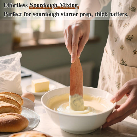 Azureblue spurtle helps stir and spread dough with precision in sourdough work.