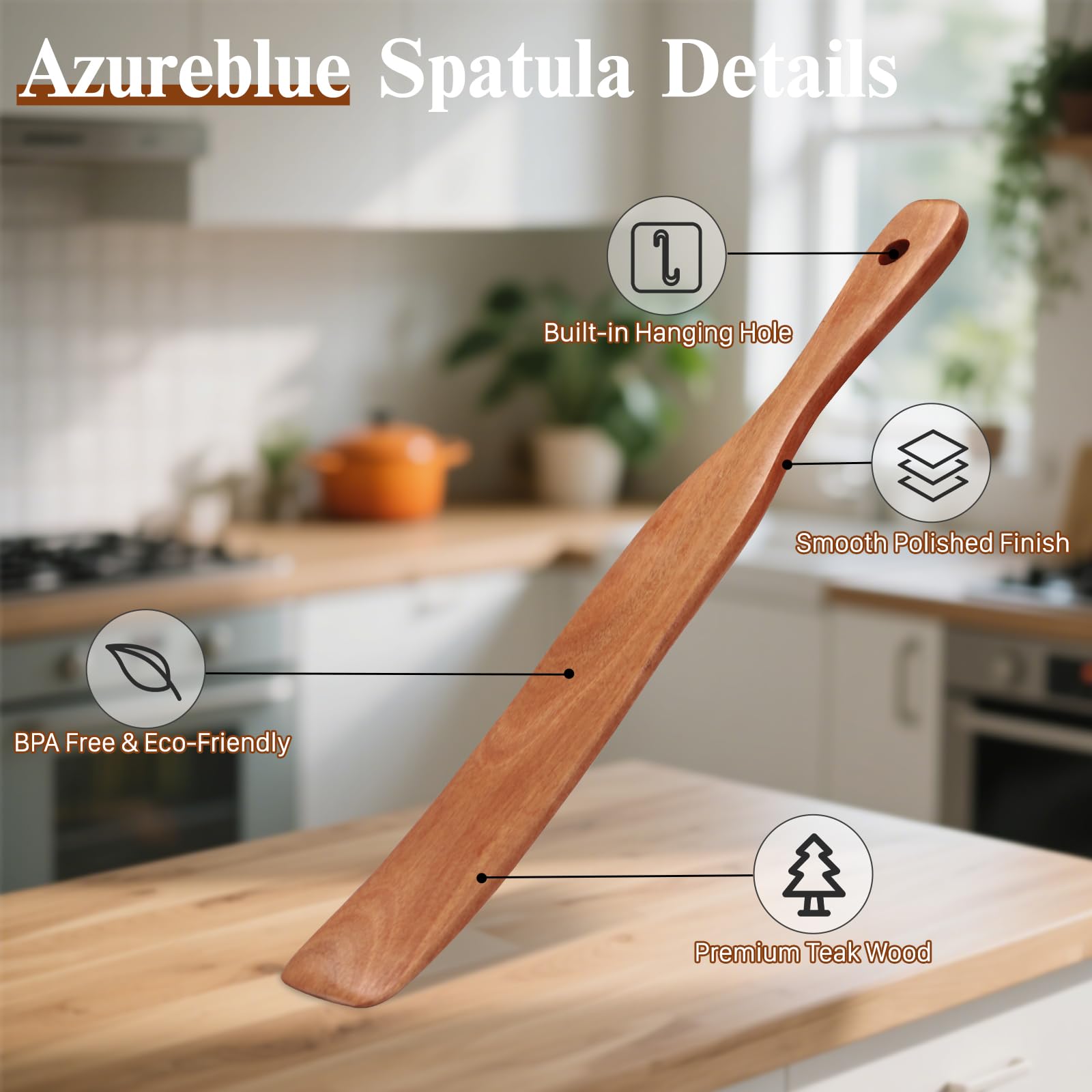 Azureblue wooden spatula for nonstick cookware enabling safe, smooth mixing and minimal scratching.
