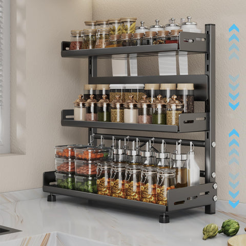 Azurphoric 3-tier adjustable spice rack in black for flexible pantry organization