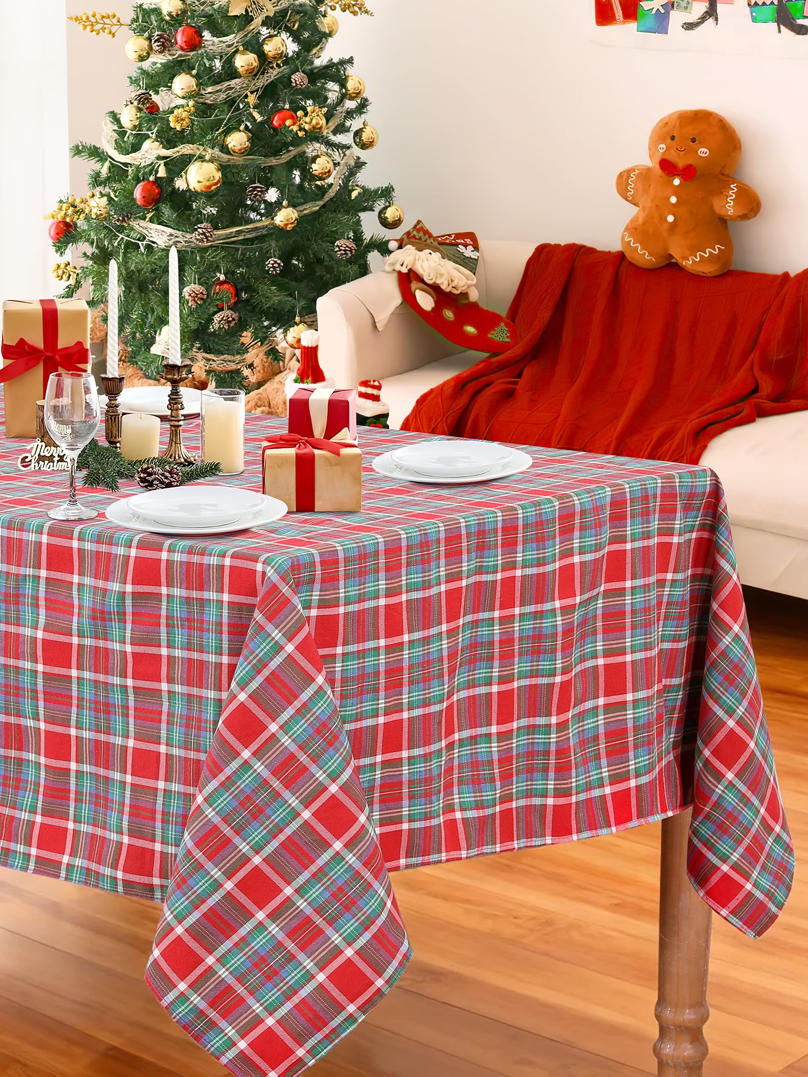 B-COOL farmhouse-check tablecloth features precise stitching and durable edges.