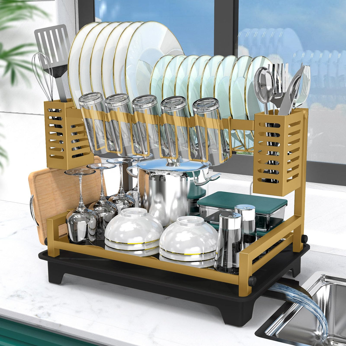 B-Land 2-Tier dish drying rack shown on counter, highlighting compact organization.