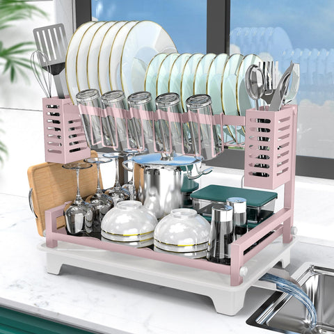 B-Land 2-tier dish drying rack overview shows compact kitchen organization.