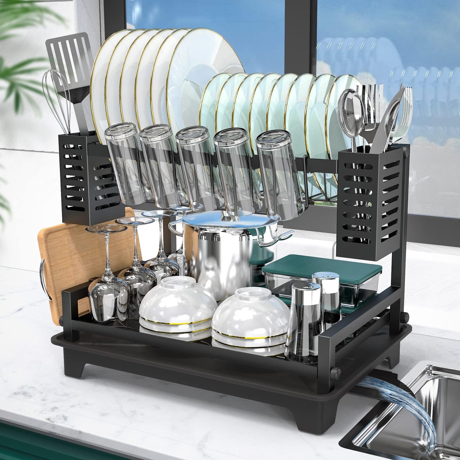 B-Land 2-tier dish drying rack top view showing compact kitchen organization.