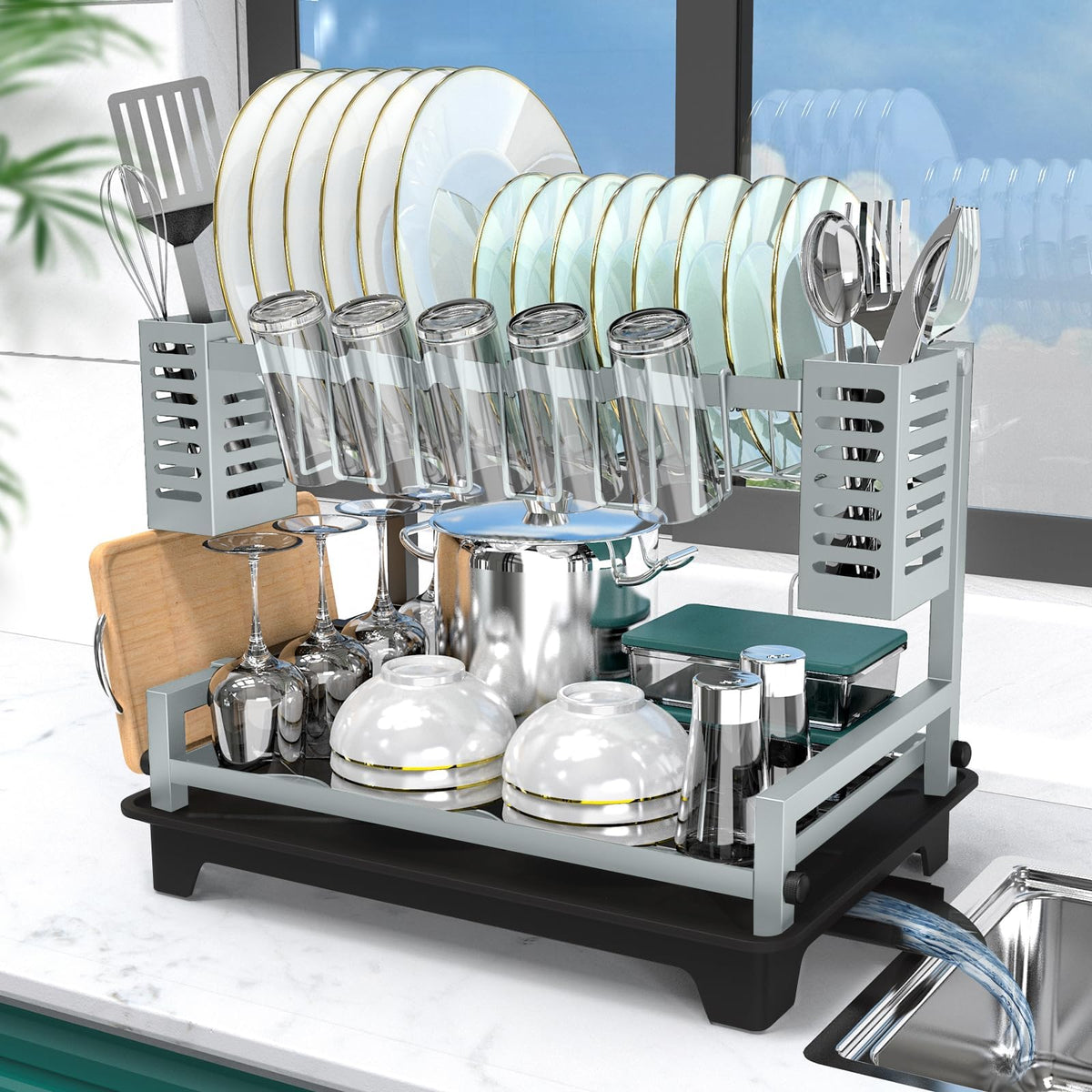 B-Land dish drying rack with drainboard for a dry, organized counter.