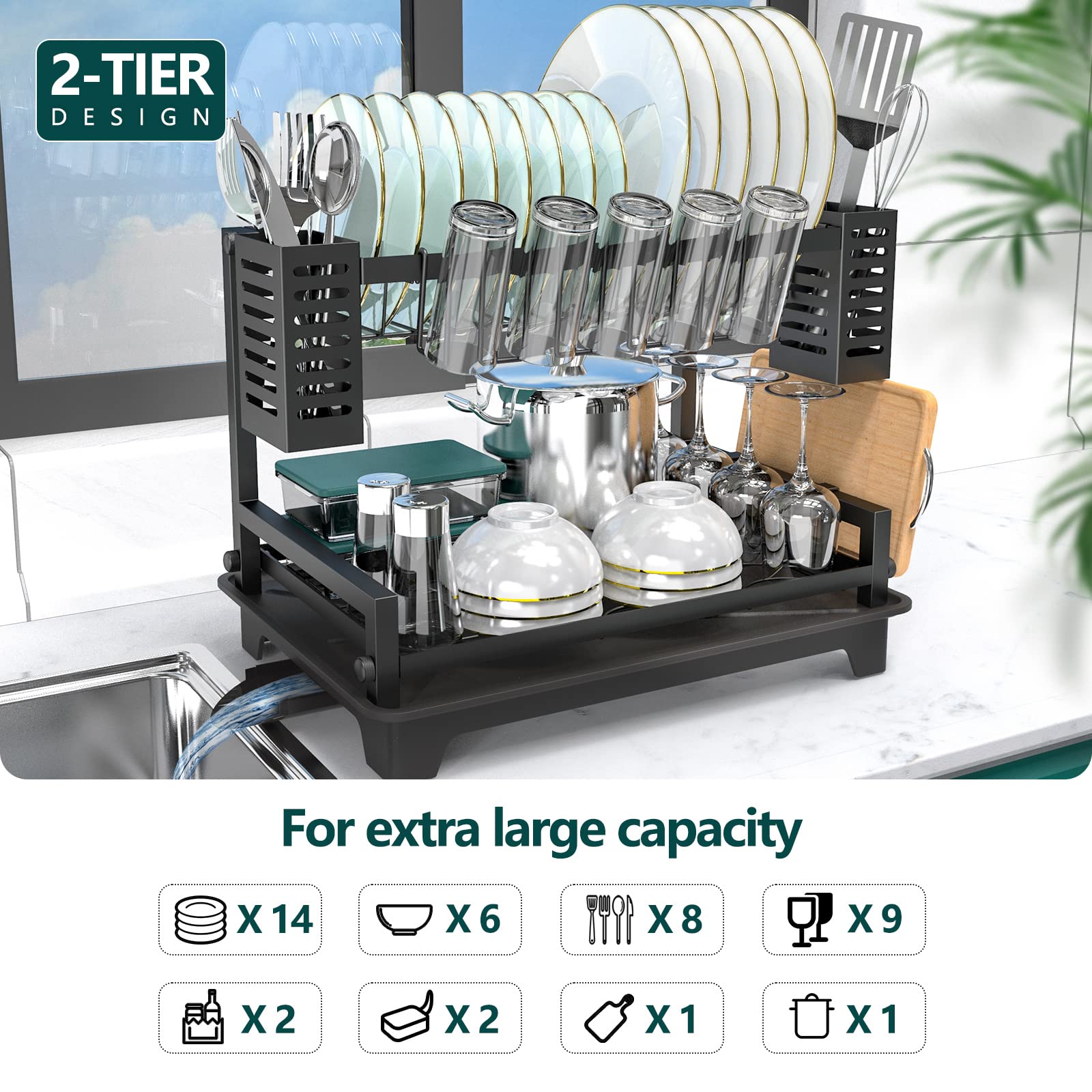 B-Land dish drying rack with rotatable water outlet for flexible drainage.