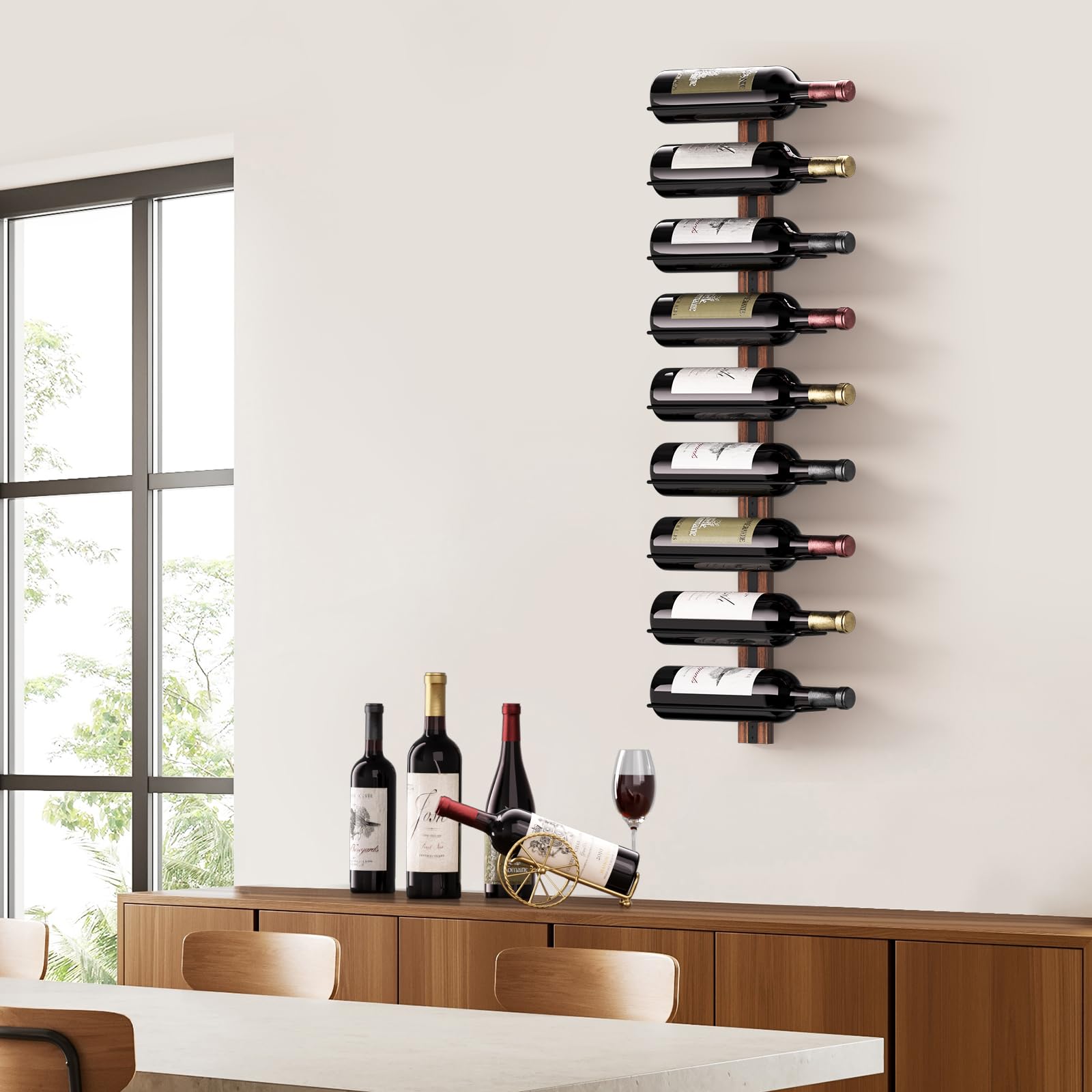 Racks mounted on wall showing nine bottles in a bar area