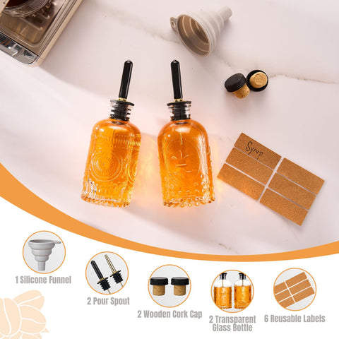 Baalaka set includes funnel and labels for organized syrup stations.