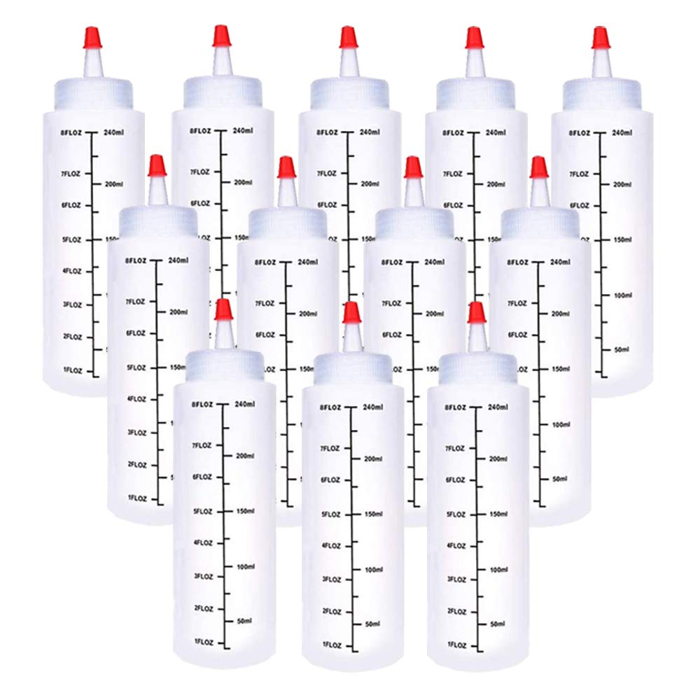 Baaxxango 8oz squeeze bottle with clear body and red cap for precise pouring.