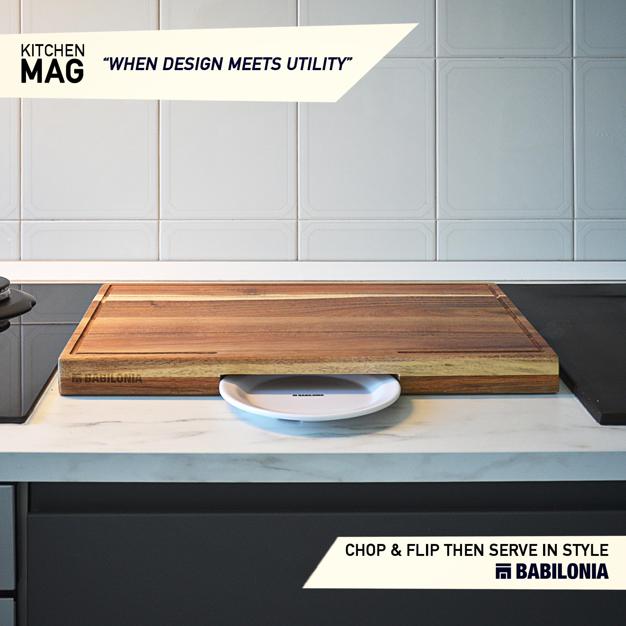 Babilonia Acacia edge-grain board with knife-friendly surface enhances precision slicing.