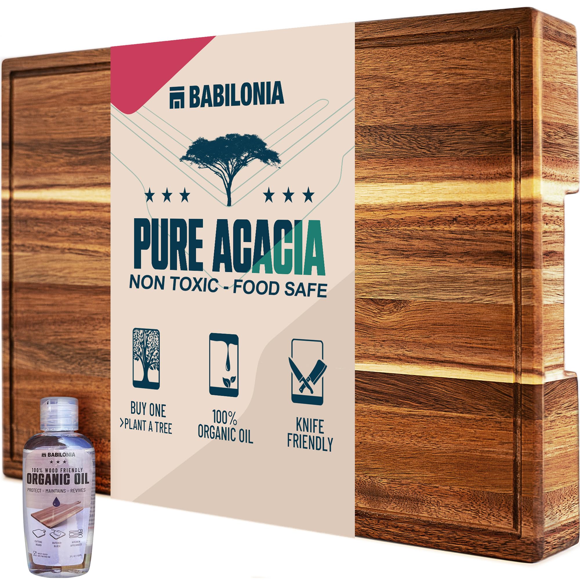 Babilonia Acacia cutting board features reversible design for multi-use prep and serving.