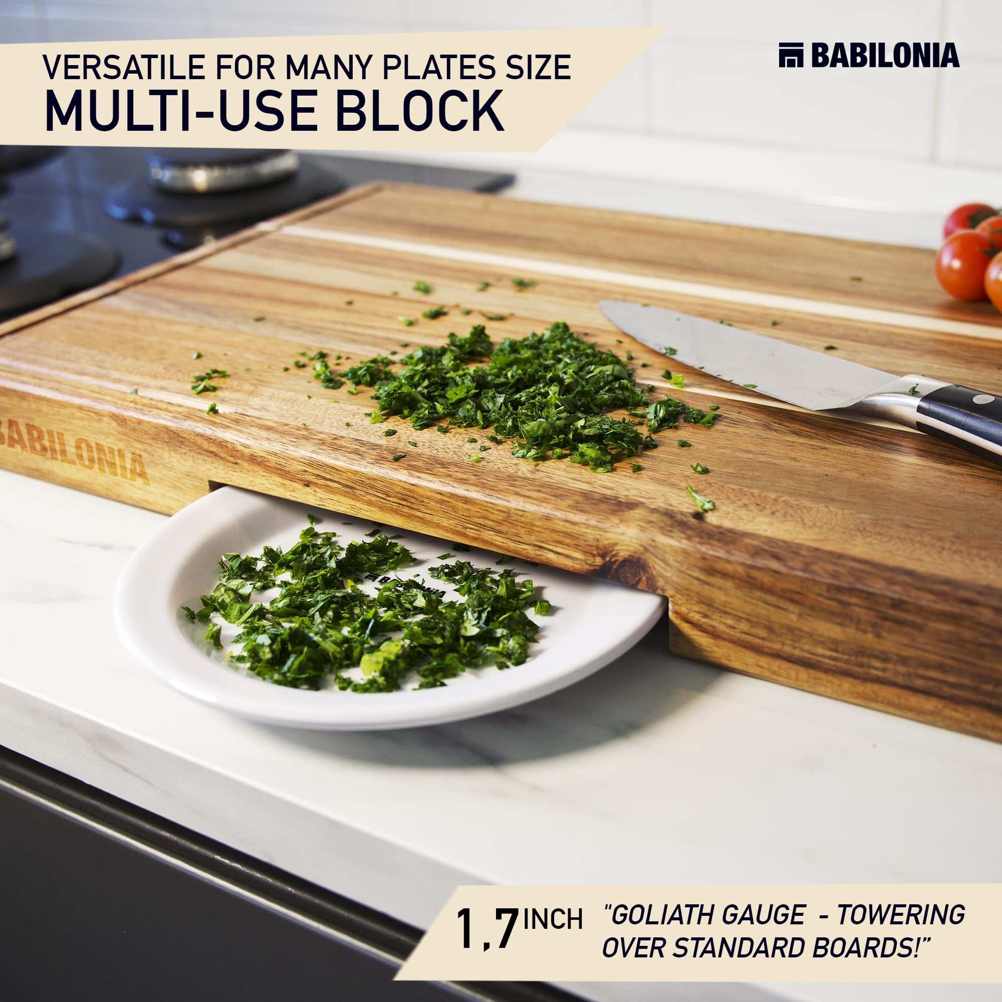 Babilonia Acacia cutting board with handle doubles as a reversible serving tray for charcuterie.