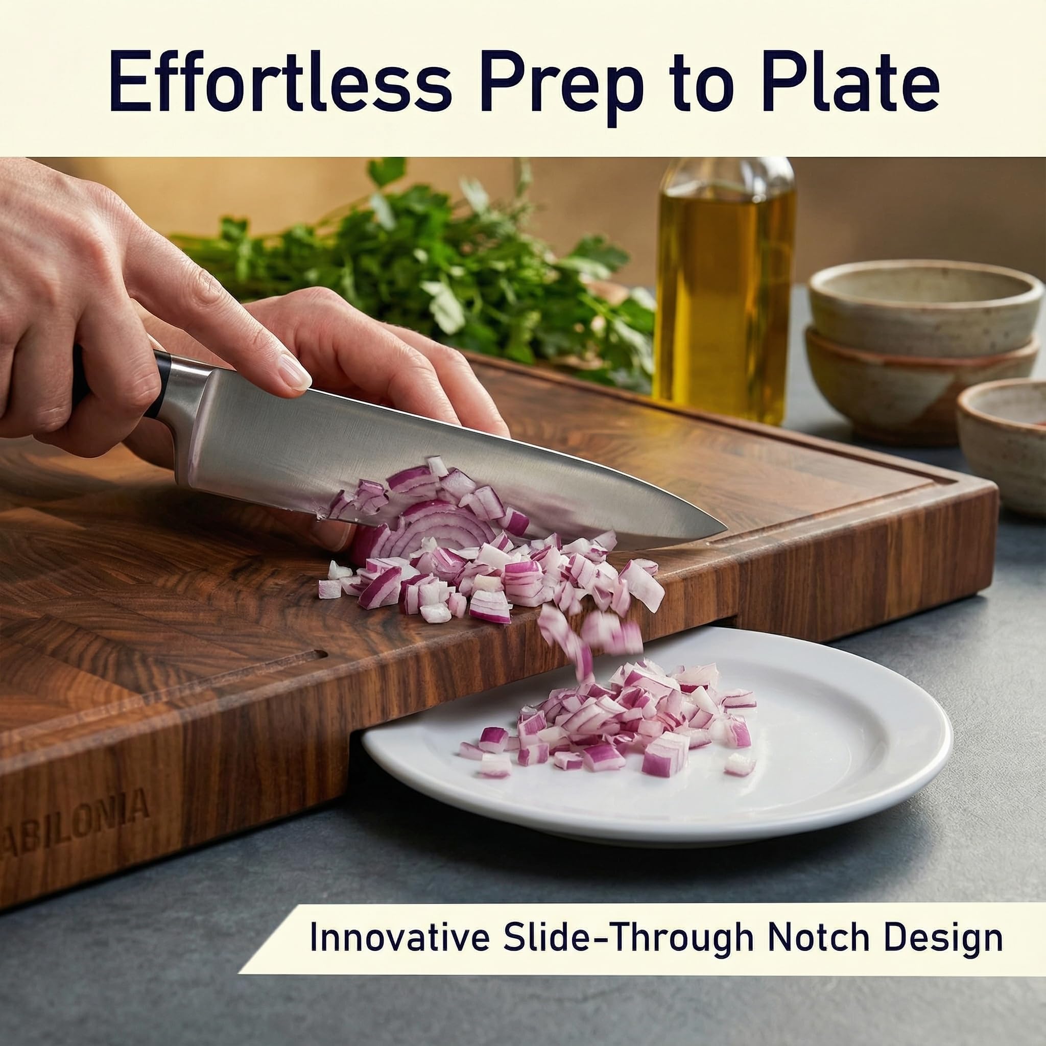 Babilonia end-grain cutting board in use for chopping vegetables.